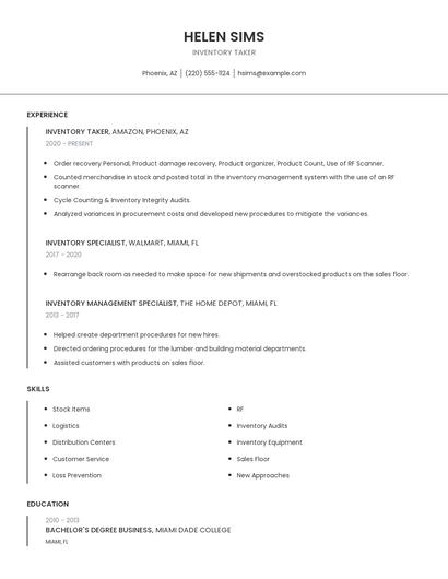 Inventory Taker Resume