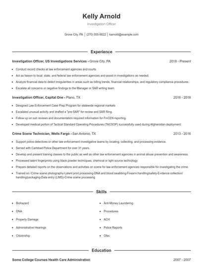 Investigation Officer Resume