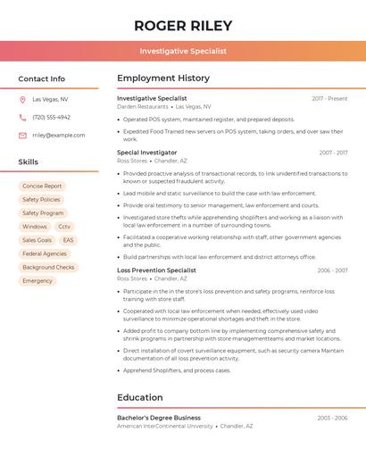 Investigative Specialist Resume