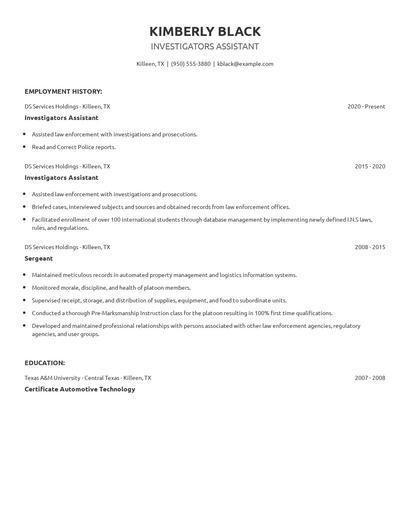 Investigators Assistant Resume
