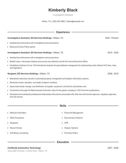 Investigators Assistant Resume