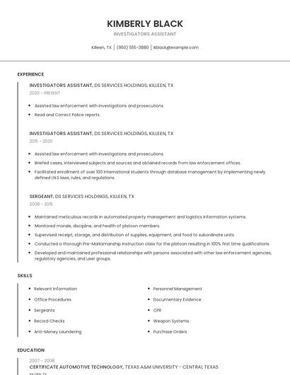 Investigators Assistant Resume