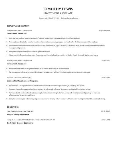 Investment Associate Resume