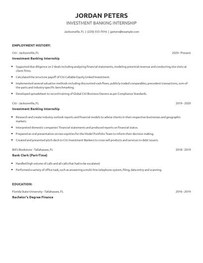 Investment Banking Internship Resume
