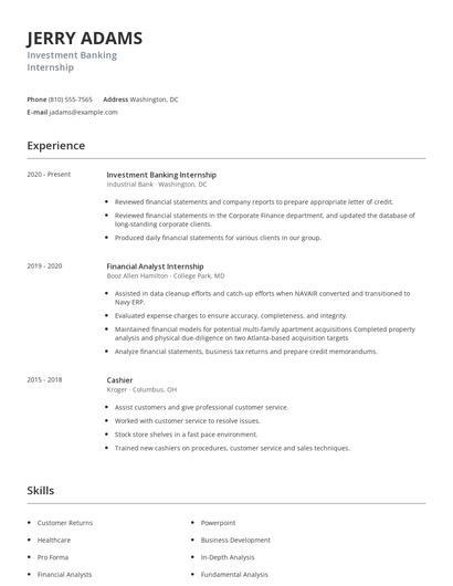 Investment Banking Internship Resume