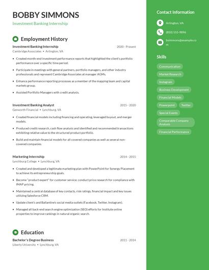 Investment Banking Internship Resume