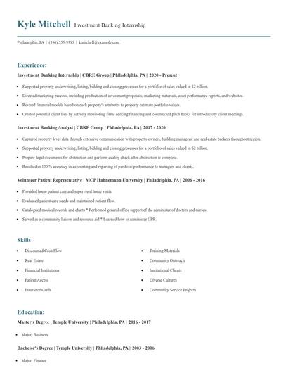 Investment Banking Internship Resume