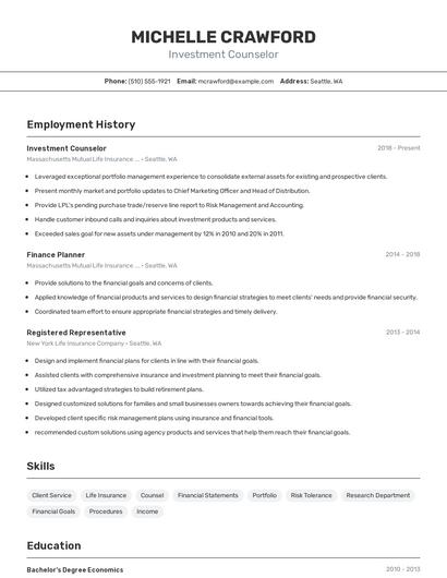Investment Counselor Resume
