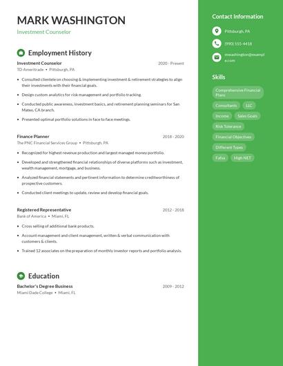 Investment Counselor Resume