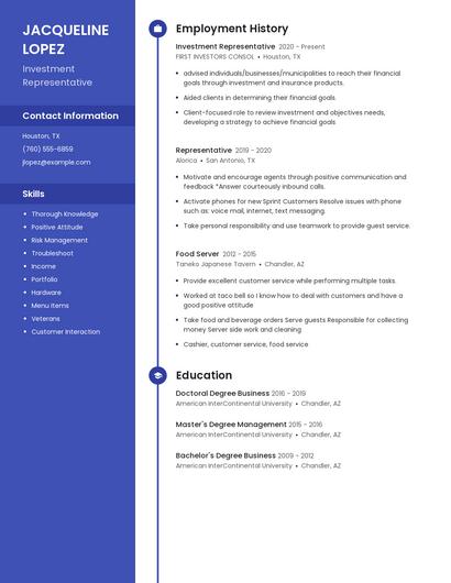 Investment Representative Resume
