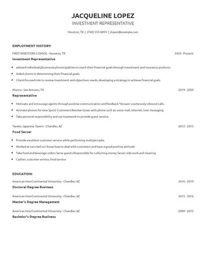 Investment Representative Resume