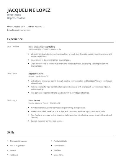 Investment Representative Resume