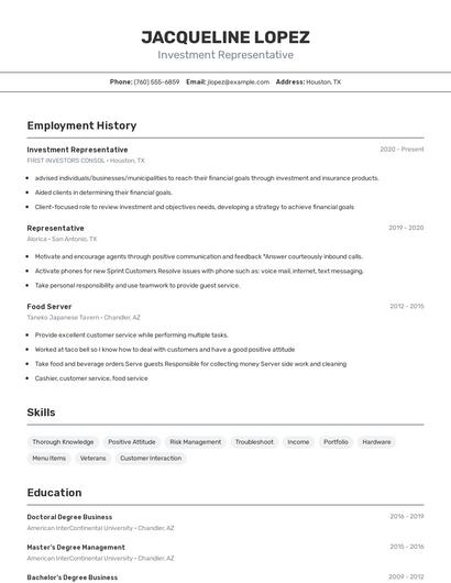 Investment Representative Resume