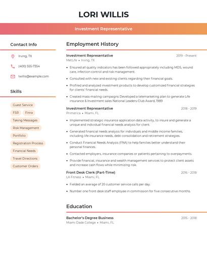 Investment Representative Resume