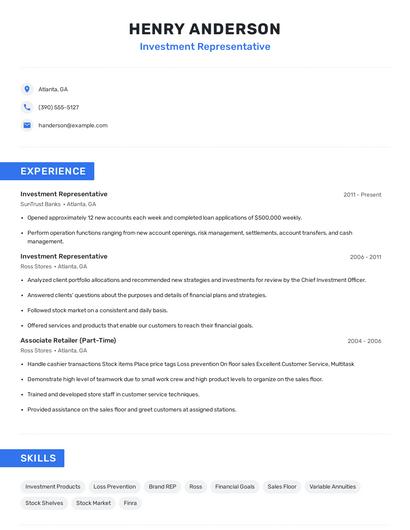 Investment Representative Resume