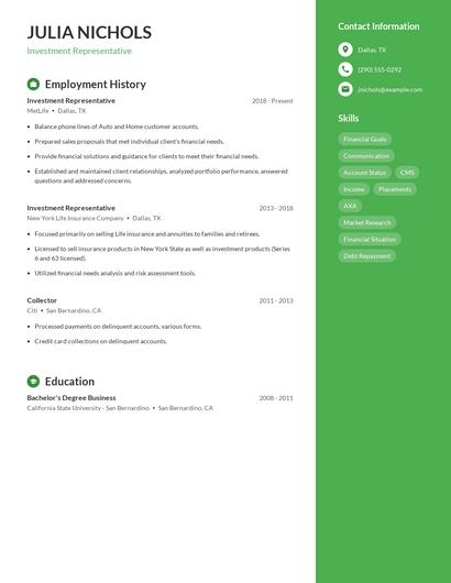 Investment Representative Resume