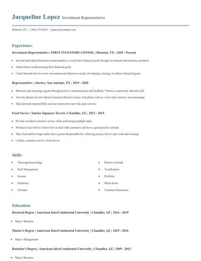 Investment Representative Resume