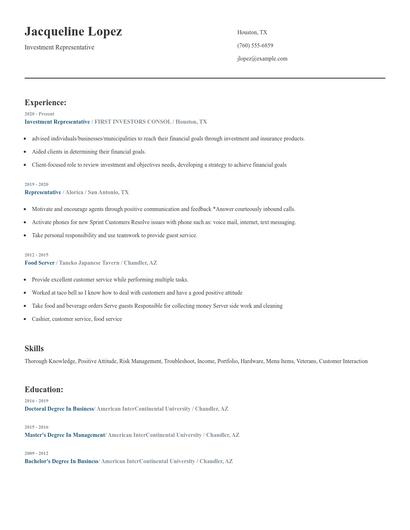 Investment Representative Resume