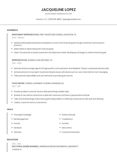 Investment Representative Resume