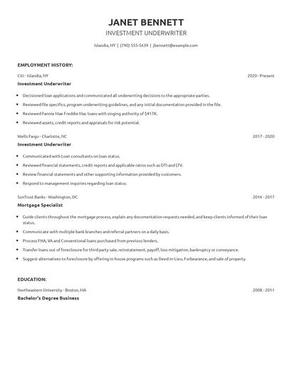 Investment Underwriter Resume