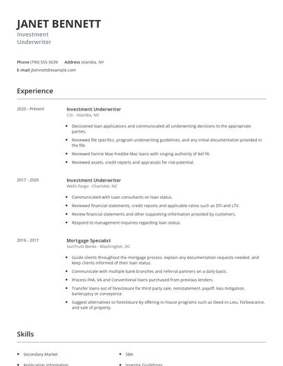 Investment Underwriter Resume