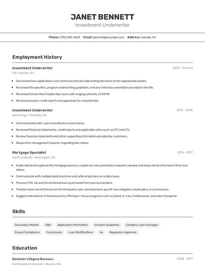 Investment Underwriter Resume
