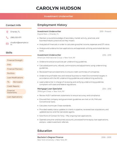 Investment Underwriter Resume