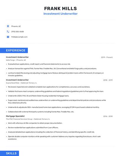 Investment Underwriter Resume