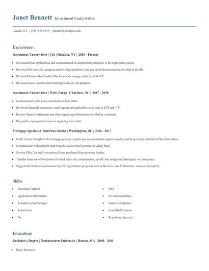 Investment Underwriter Resume