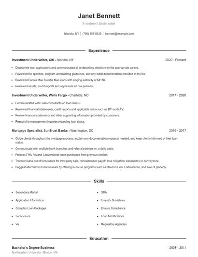Investment Underwriter Resume