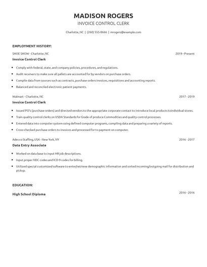 Invoice Control Clerk Resume
