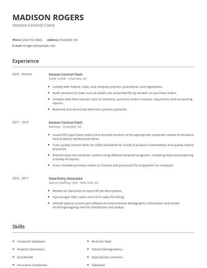 Invoice Control Clerk Resume