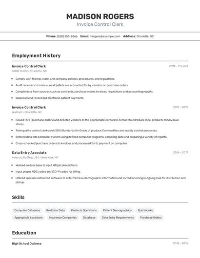 Invoice Control Clerk Resume