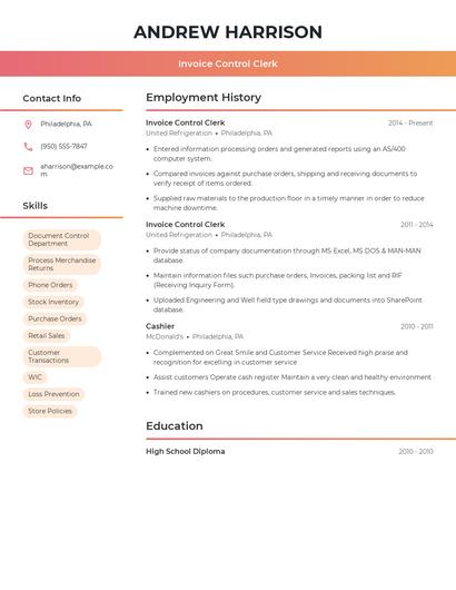 Invoice Control Clerk Resume