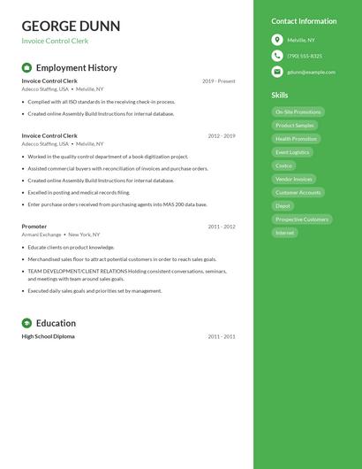 Invoice Control Clerk Resume
