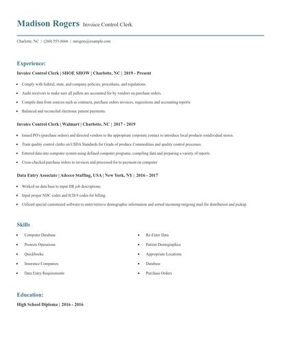 Invoice Control Clerk Resume