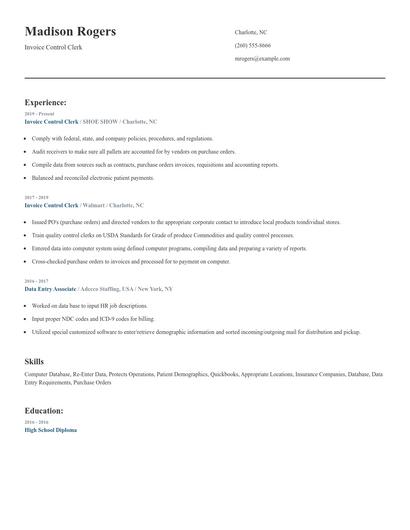 Invoice Control Clerk Resume