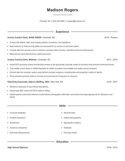 Invoice Control Clerk Resume