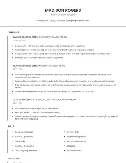 Invoice Control Clerk Resume