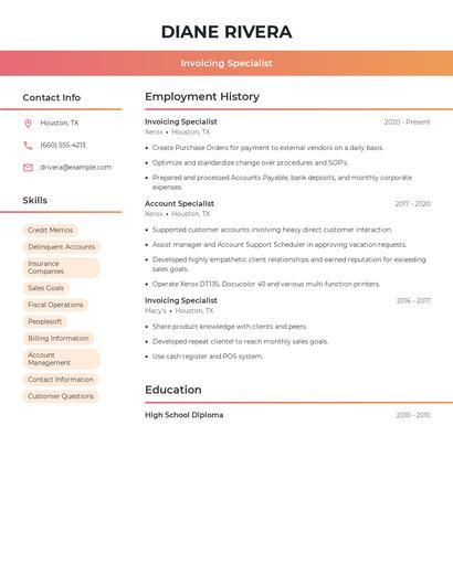 Invoicing Specialist Resume