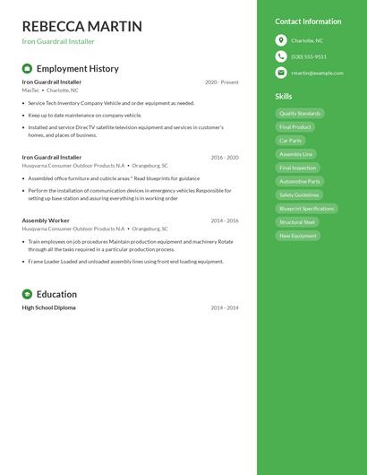 Iron Guardrail Installer Resume