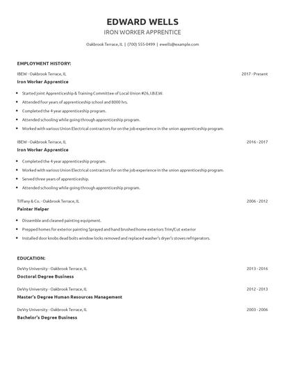 Iron Worker Apprentice Resume