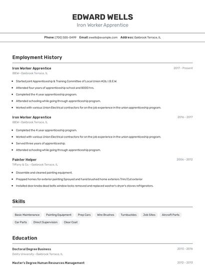 Iron Worker Apprentice Resume