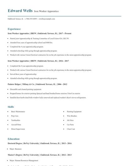 Iron Worker Apprentice Resume