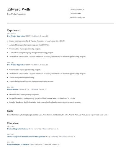 Iron Worker Apprentice Resume