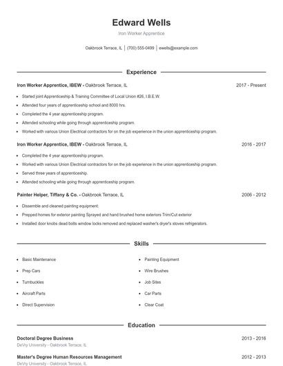 Iron Worker Apprentice Resume