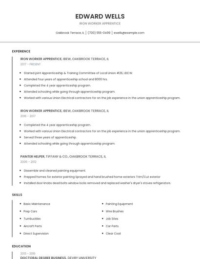 Iron Worker Apprentice Resume