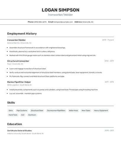 Ironworker/Welder Resume