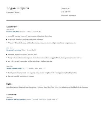 Ironworker/Welder Resume
