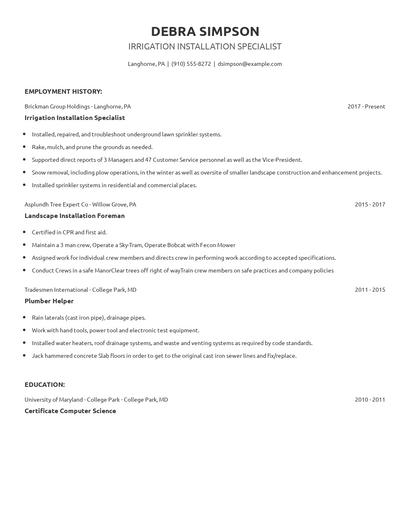 Irrigation Installation Specialist Resume